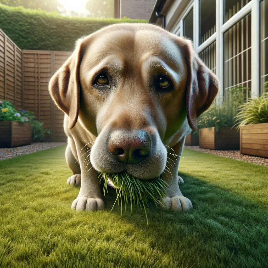 DALL·E 2023 12 21 16.35.25 A photo realistic image of a dog that looks a bit under the weather but not severely sick, eating grass. The dog, a Labrador Retriever, has a slightly