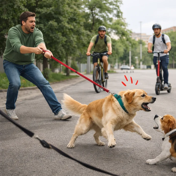 Cane agitato e strada affollata